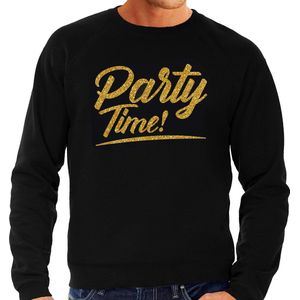 Party time sweater zwart met gouden glitter tekst heren  - Glitter en Glamour goud party kleding trui XL