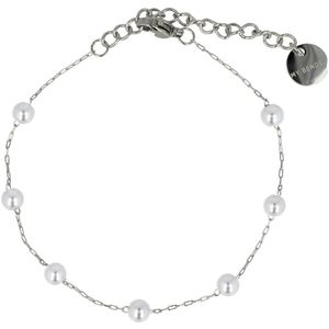 My Bendel - Zilverkleurige fijne armband met witte parels - Fijne zilverkleurige schakelarmband met witte parels - Met luxe cadeauverpakking