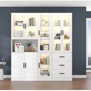 Gran Vida® - Boekenkast - Inclusief LED Verlichting - 8 Deuren & 3 Lades - Wit - Modern Design - 200x180 cm