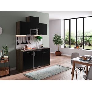 Goedkope keuken 150  cm - complete kleine keuken met apparatuur Oliver - Donker eiken/Zwart - keramische kookplaat  - koelkast  - magnetron - mini keuken - compacte keuken - keukenblok met apparatuur