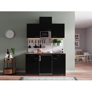 Goedkope keuken 150  cm - complete kleine keuken met apparatuur Oliver - Donker eiken/Zwart - keramische kookplaat  - koelkast  - magnetron - mini keuken - compacte keuken - keukenblok met apparatuur