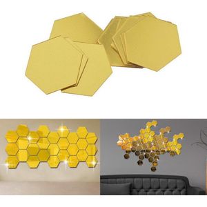 Plakspiegel - Hexagon Wandspiegel - 12 Stuks - 8x4x7cm - goud - zelfklevend - decoratie