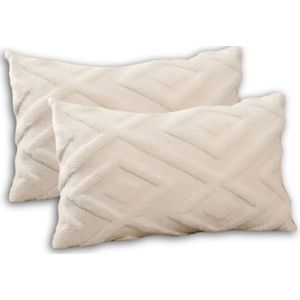 Set van 2 Sierkussens 30x50 cm | Wit | Inclusief binnenkussens | Teddy, Pluche | Fluffy & Zacht | Langwerpige Creme, Ivoor, Zand Decoratiekussens voor Bank & Woonkamer