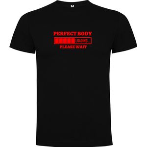 Zwart T-Shirt met “Perfect body Loading... Please Wait“ Afbeelding Rood Maat 2XL