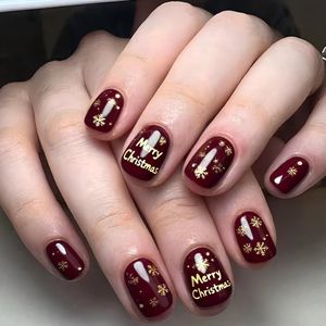 Draag Nagels Red - Kerstmis Sneeuwvlekken Nagels Patch - Afneembaar - 24 stuks valse Nagels Short
