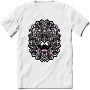 Leeuw - Dieren Mandala T-Shirt | Roze | Grappig Verjaardag Zentangle Dierenkop Cadeau Shirt | Dames - Heren - Unisex | Wildlife Tshirt Kleding Kado | - Wit - 3XL