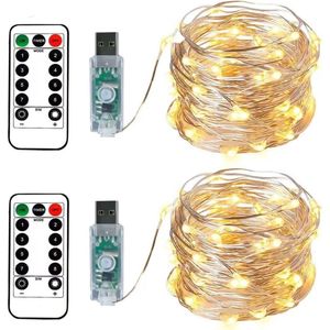 2 x 100LEDs kerstverlichting 10 meter zilverdraad USB aansluiting met afstandsbediening 8 programma's en timer dimmen (warm white)