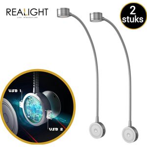 Realight Leeslamp Bed met Dimfunctie - LED bedlampjes - Hoofdbord nachtlampjes - 2 USB-poorten - 360° Draaibaar - Aluminium - Zilver 2 Stuks