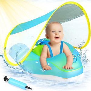 Zwemring baby met zonnekap, opblaasbare babyvlotter, zwemring, zwemband, baby met opblaasbare zwemboei, zwemhulpspeelgoed, babyzwemring vanaf 3 maanden ~ 72 maanden, roze