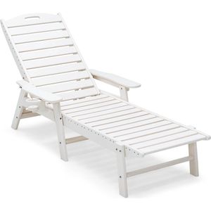 Zonneligstoel, XXL, 207 x 86 x 31,5 cm, weerbestendige ligstoel in houtlook, tuinligstoel met bekerhouder, armleuningen en verstelbare rugleuning, relaxstoel van HDPE voor tuin, zwembad, terras