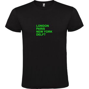 Zwart T-shirt 'LONDON, PARIS, NEW YORK, DELFT' Groen Maat XS
