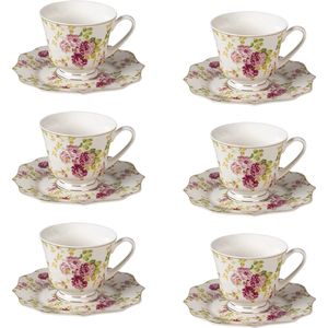 HAES DECO - Kop en Schotel set van 6 - inhoud 200 ml - kleuren Wit / Roze - Bedrukt Porselein met Bloemen - Theeservies, Koffieservies, Theekoppen, Koffiekoppen, Cappuccino