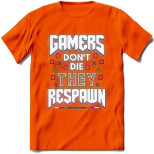 Gamers don't die T-shirt | Neon | Gaming kleding | Grappig game verjaardag cadeau shirt Heren – Dames – Unisex | - Oranje - 3XL