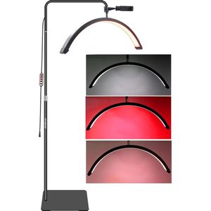 Halve Maan Lamp - Verstelbaar Wit+Rood kleur Vloerlamp - Perfecte Verlichting voor Make-Up en Live Streaming - Telefoonhouder + Afstandsbediening Inbegrepen - Zwart