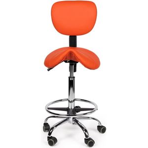 Zadelkruk Rugleuning Standaard Oranje met Voetring - Zithoogte 50/68cm - kruk op wielen - krukje - werkkruk - zadelkruk - bureaukruk - kapperskruk - verstelbaar - draaikruk - tabouret - zadelkruk met rugleuning - tot 160kg