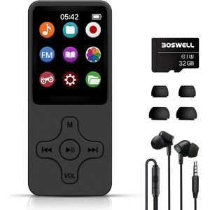 BOSWELL MP3 Speler - MP4 Speler - Bluetooth - Voice Recorder - FM Radio - Dictafoon - Ondersteuning tot 128GB - Incl. Oortjes, 32GB MicroSD