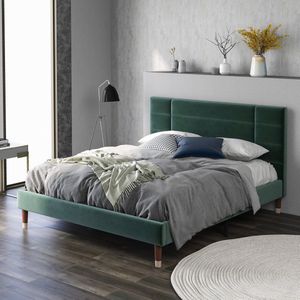 Sweiko Gestoffeerd bed, tweepersoonsbed met lattenbod, 140x200cm gestoffeerd bedframe met hoofdeinde, in donkergroen fluweel, voor volwassenen en tieners, (matras niet inbegrepen)