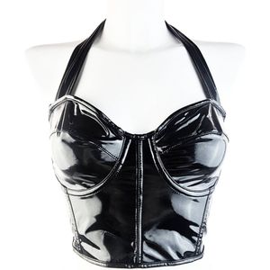 BamBella® - Body Korset Top - Maat S/M - Zwart dames sexy Glans kleding mix van Latex en stof Datex Wetlook vetersluiting