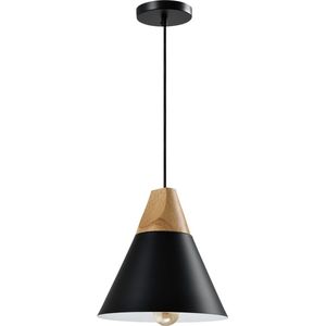 QUVIO Hanglamp Scandinavisch - Lampen - Plafondlamp - Verlichting - Keukenverlichting - Lamp - Kegellamp - E27 fitting - Voor binnen - Met 1 lichtpunt - Aluminium - Hout - D 22 cm - Zwart en lichtbruin