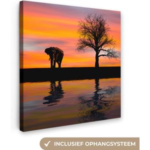 OneMillionCanvasses - Canvas - Olifant - Zonsondergang - Boom - Oranje - Roze - Kamer decoratie - Water - 20x20 cm