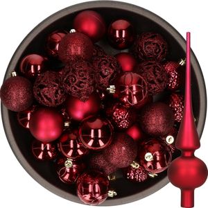 Decoris Kerstballen - 37x stuks - 6 cm - donkerrood - kunststof - incl. glazen piek mat