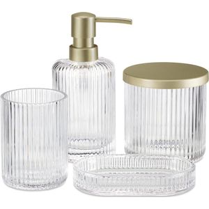 glazen badkamer accessoires set - Zeepdispenser, zeepbakje, beker, glazen pot met deksel - 4-delig - Geribbeld glas - Transparant/goudkleurig