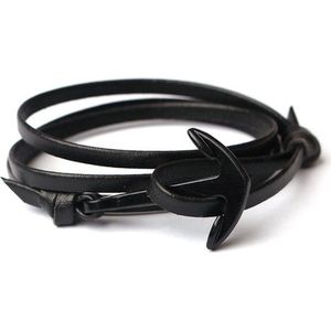 Zwarte anker armband met leren koord