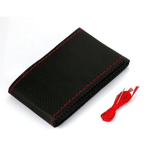 Stuurhoes - KunstLeer met draad - Hand gestikt - Diameter Stuurwiel 37 - 38 CM - Zwart  Met Rode Stiksels