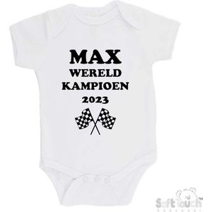 100% Katoenen Romper ""MAX wereldkampioen 2023 Vlaggen"" Unisex Katoen Wit/zwart Maat 62/68