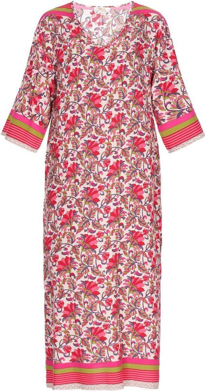 usha - FESTIVAL - Jurk - Beige Groen Rosa Rood - Bloemenprint - Knielengte