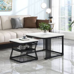 Sweiko Set van 2 moderne Salontafel, Bijzettafel, PVC in marmerlook, zwart mat stalen buizen, 2 tafels met afmetingen 65x65x45 cm en 45x45x39,5 cm