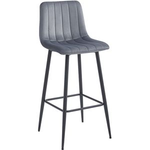 Barkruk POZZA - Donkergrijs Velvet, Zwarte Metalen Poten, 76 cm Zithoogte, Rugleuning, Ergonomisch Ontwerp, Max. 120 kg