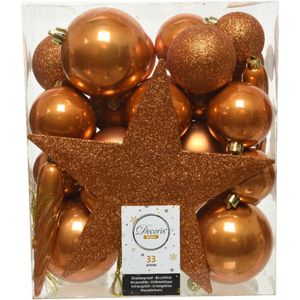 33x stuks kunststof kerstballen cognag bruin (amber) inclusief ster piek - 5-6-8 cm - Onbreekbare plastic kerstballen