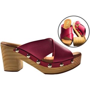 Stravers - Muiltjes Houten Zool en Leren Kruisband - Roze - Maat 42 - Grote Maten Dames Klompjes