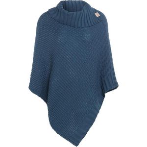 Knit Factory Nicky Gebreide Poncho - Met sjaal kraag - Dames Poncho - Gebreide mantel - Donkerblauw winter poncho - Petrol - One Size