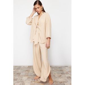 Trendyol Khaki Geweven Geknoopt Linnenmix Overhemd Broek Strandpak Tbess24Au00031