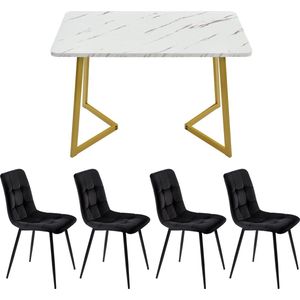 Merax Eetkamerset met 4 Stoelen - Eettafel Set met Vier Eetkamerstoelen - Keukentafel met Fluwelen Stoelen - Wit met Gouden Tafel en Zwarte Velvet Stoelen