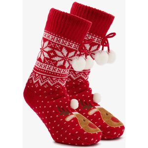 1 paar dames kerst huissokken met rendier rood - Maat 35/38 - 100% Acryl - Extra zacht