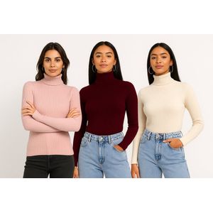 Voordeelpakket van 3 Cozy sweater - Comfy coltrui bordeaux, roze, Beige - Coltrui voor dames
