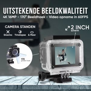 Action Camera 4K 16MP - 60FPS / 30M Waterdicht / WiFi - Inclusief Accessoires - Actiecamera - Onderwatercamera