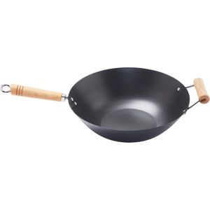 Carbon Steel Non Stick Wok met stevig houten handvat - 35cm breed - Chinese traditionele roerbak wok - hoge temperatuur - platte basis - inductieveilig