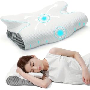 Orthopedisch Geheugenschuim Nek­kussen – Ergonomisch Cervicaal – Koelend – 2 Hoogtes & Armsteun – Afneembare Ademend Hoes – Voor Zij-, Rug- & Buikslapers – Grijs/Wit