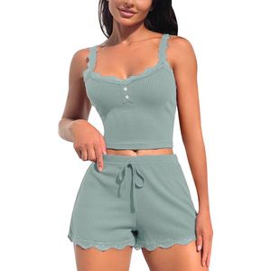 Damespyjama met Kanten Detail, Sexy Nachtkleding Set met Top en Shorts