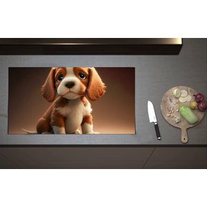 Inductieplaat Beschermer - Aandoenlijke Bruin met Witte Puppy - 90x52 cm - 2 mm Dik - Inductie Beschermer van Vinyl