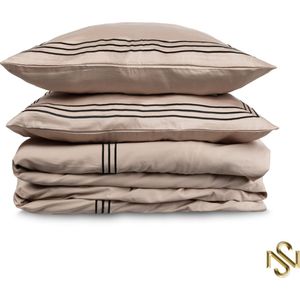 San Naila-Eve-Luxe dekbedovertrek-Hoogwaardig Egyptisch katoen satijn-Taupe-Zand-Geborduurde zwarte bies-240x220 cm