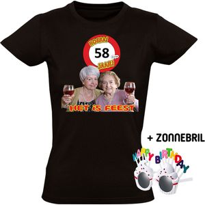 Hoera 58 jaar! Het is feest Dames T-shirt + Happy birthday bril - verjaardag - jarig - 58e verjaardag - oma - wijn - grappig