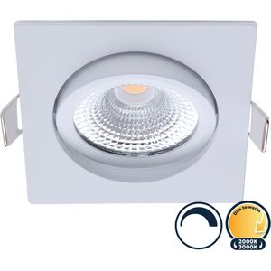 Led inbouwspot badkamer wit, vierkant, dim to warm (3000K-2000K), kantelbaar, 5W vervangt 50W, zaagmaat Ø75mm, buitenmaat Ø85mm, 23mm diep