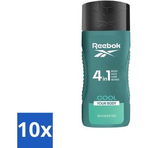 10 x Reebok - Cool Your Body - Douchegel - 4 in 1 - 400 ml - Douchegel 4 In 1 - Menthol Douchegel - Verkoelend Douchegel - Aloe Vera Douchegel - Gezichtsverzorging