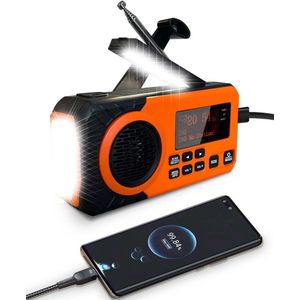 Draagbare NoodRadio - Noodpakket - Oranje - DAB+/ FM - Zonnepaneel - Bluetooth - 5200mAh - Powerbank - Zonneenergie - Zwengel - Kampeer-Radio - Solar - Noodradio opwindbaar