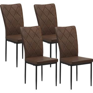 Kanyu® Eetkamerstoelen Set - Donkerbruin Faux Leer - 4 Stuks - Keukenstoelen - Hoge Rugleuning - Gestoffeerd - Met Metalen Poten - Voor Eetkamer & Bruiloft